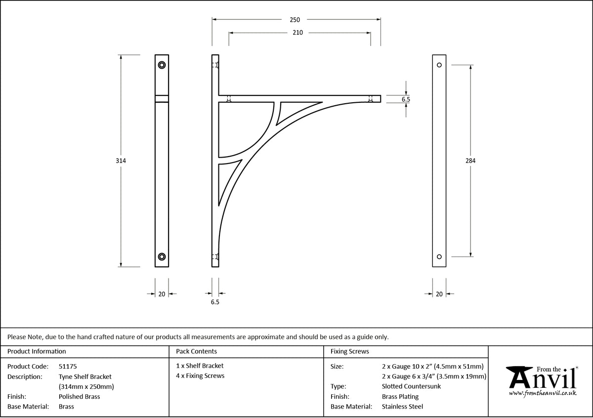 TYNE SHELF BKT 314x20x250 PBR - 51175 by MARCHES (ANVIL) ARCHITECTURAL HARDWARE