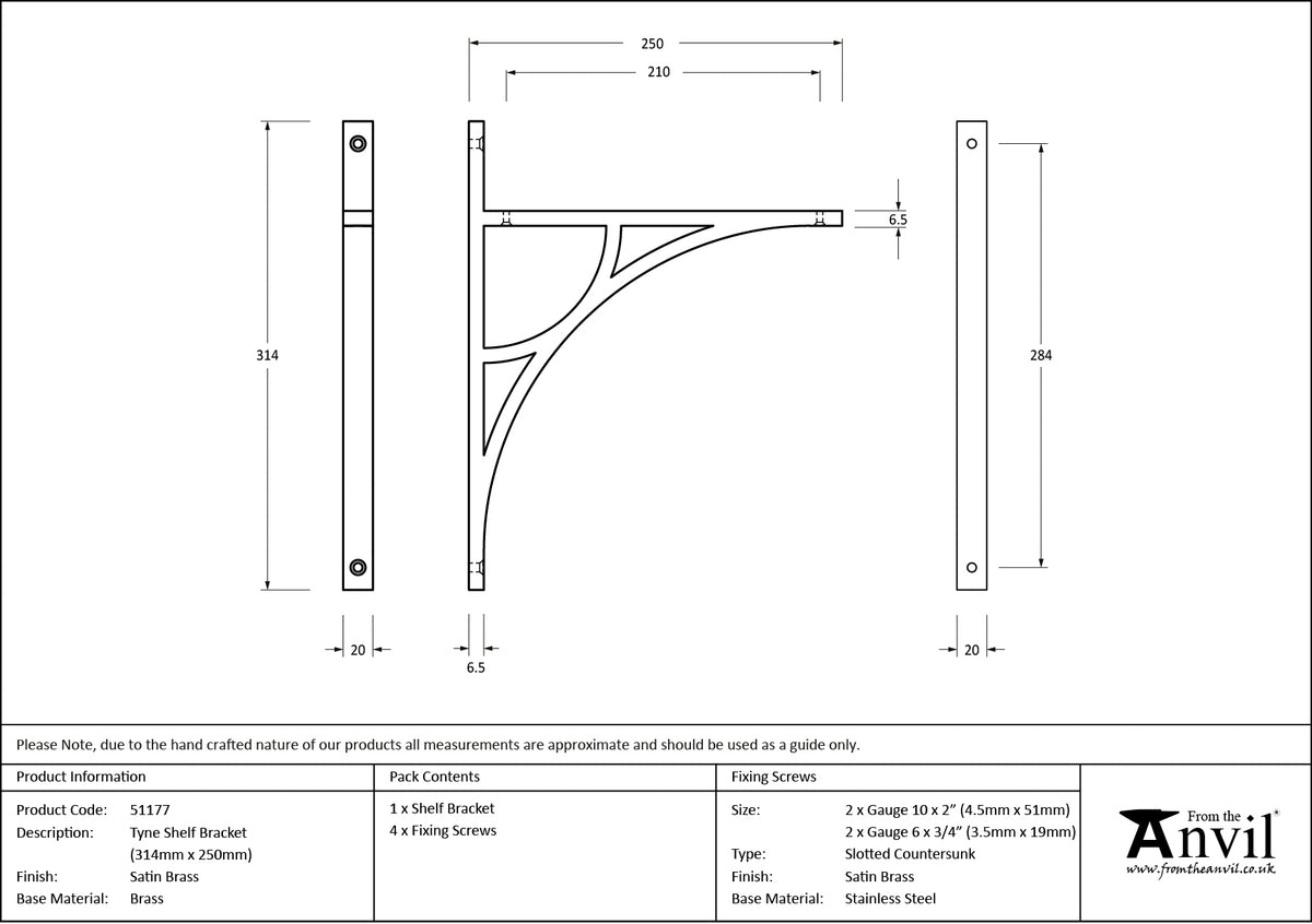 TYNE SHELF BKT 314x20x250 SBR - 51177 by MARCHES (ANVIL) ARCHITECTURAL HARDWARE