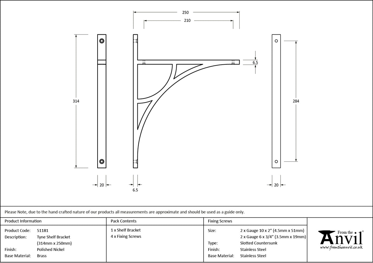 TYNE SHELF BKT 314x20x250 PNP - 51181 by MARCHES (ANVIL) ARCHITECTURAL HARDWARE