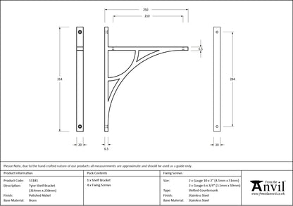 TYNE SHELF BKT 314x20x250 PNP - 51181 by MARCHES (ANVIL) ARCHITECTURAL HARDWARE
