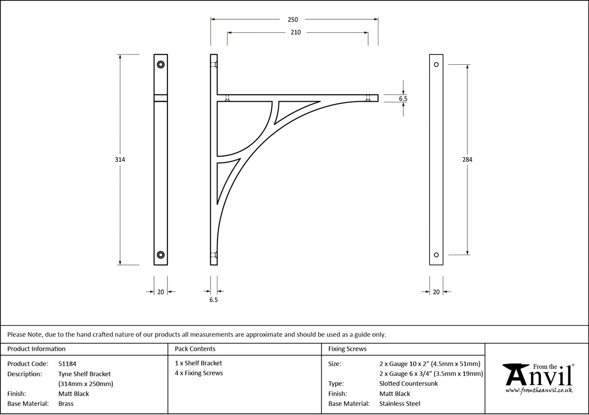 TYNE SHELF BKT 314x20x250 MBK - 51184 by MARCHES (ANVIL) ARCHITECTURAL HARDWARE