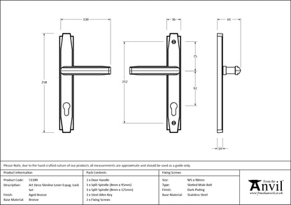 ART DECO SLIM LEVER ESPAGNOLETTE LOCK 130x258x61 AGBZ - 51189 by MARCHES (ANVIL) ARCHITECTURAL HARDWARE