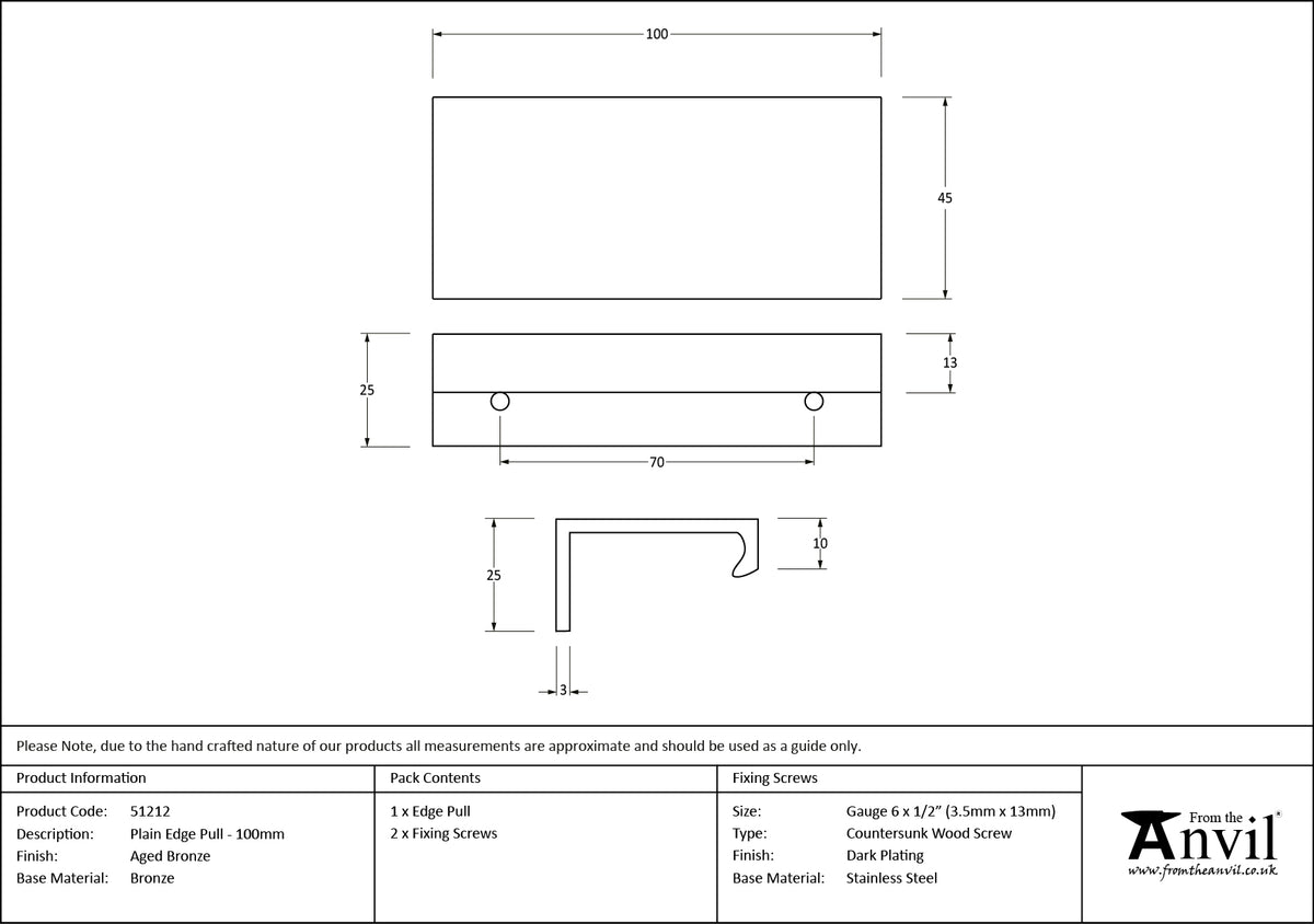 PLAIN EDGE PULL 070HC 100x45x25 AGBZ - 51212 by MARCHES (ANVIL) ARCHITECTURAL HARDWARE
