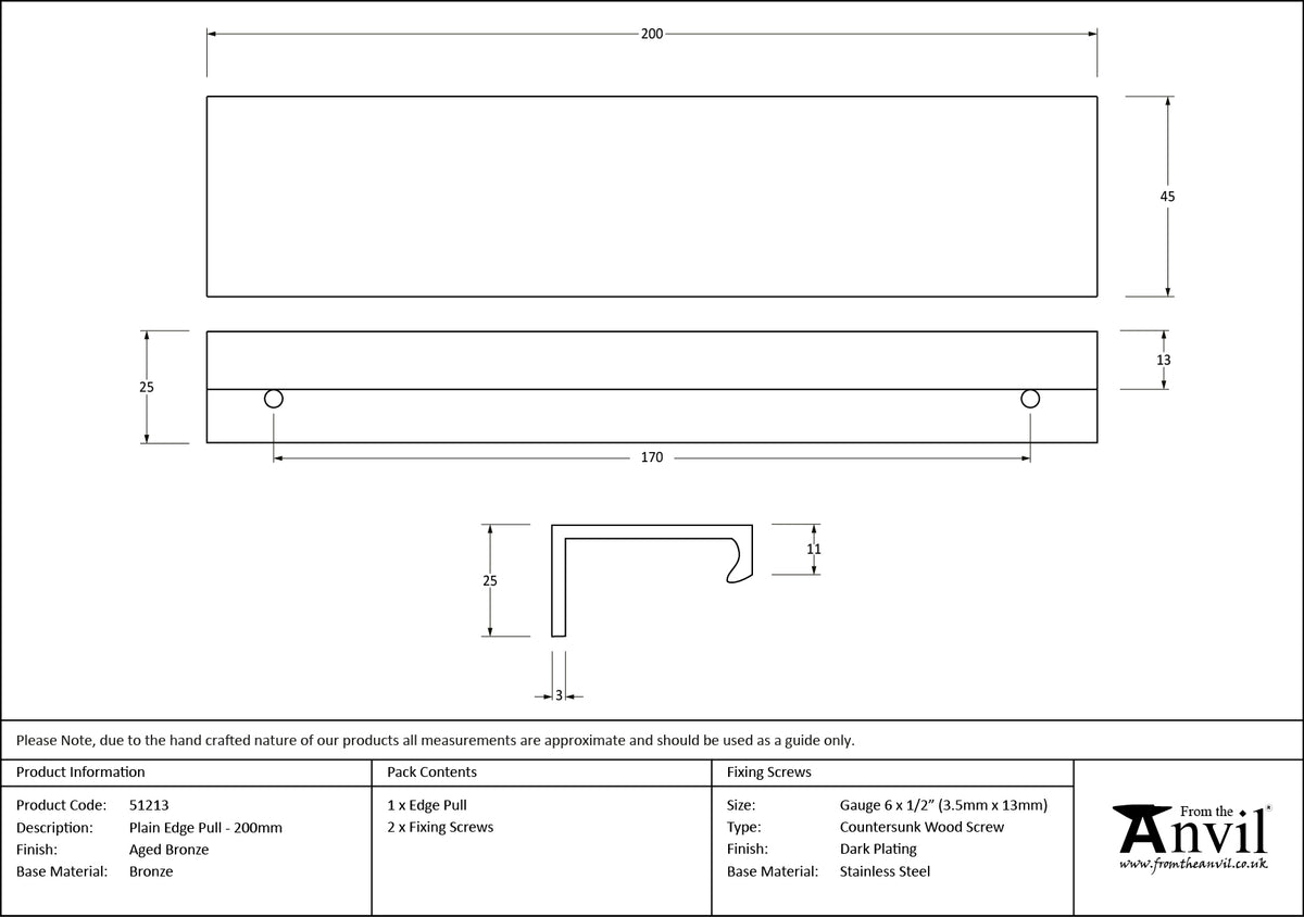 PLAIN EDGE PULL 170HC 200x45x25 AGBZ - 51213 by MARCHES (ANVIL) ARCHITECTURAL HARDWARE