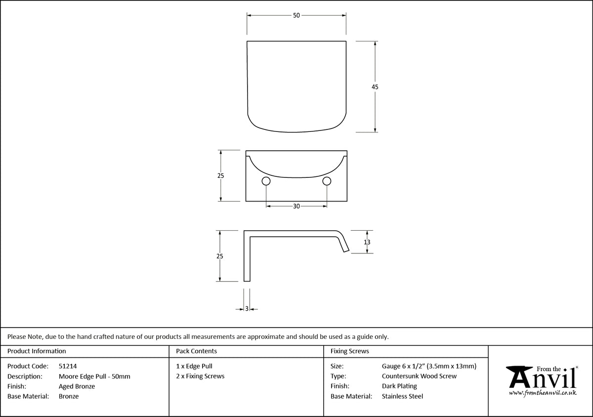 MOORE EDGE PULL 030HC 050x45x25 AGBZ - 51214 by MARCHES (ANVIL) ARCHITECTURAL HARDWARE