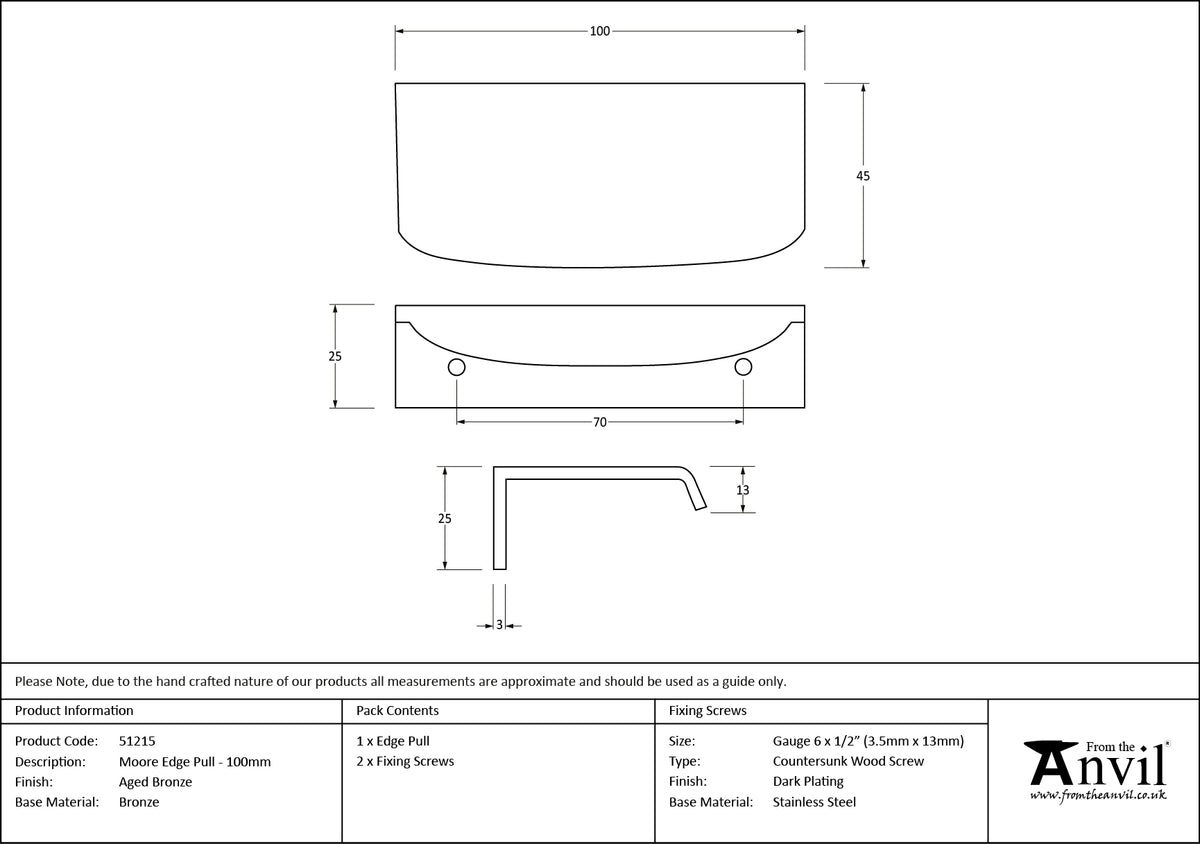 MOORE EDGE PULL 070HC 100x45x25 AGBZ - 51215 by MARCHES (ANVIL) ARCHITECTURAL HARDWARE