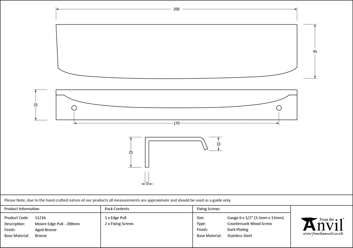 MOORE EDGE PULL 170HC 200x45x25 AGBZ - 51216 by MARCHES (ANVIL) ARCHITECTURAL HARDWARE