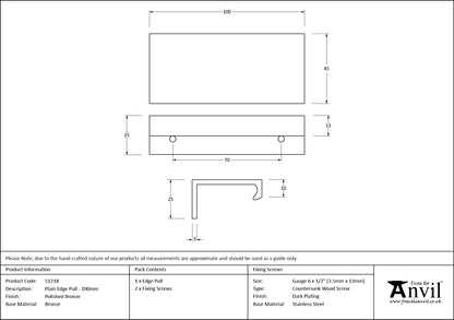 PLAIN EDGE PULL 070HC 100x45x25 PBZ - 51218 by MARCHES (ANVIL) ARCHITECTURAL HARDWARE