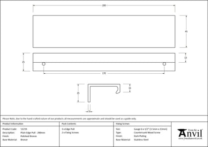 PLAIN EDGE PULL 170HC 200x45x25 PBZ - 51219 by MARCHES (ANVIL) ARCHITECTURAL HARDWARE