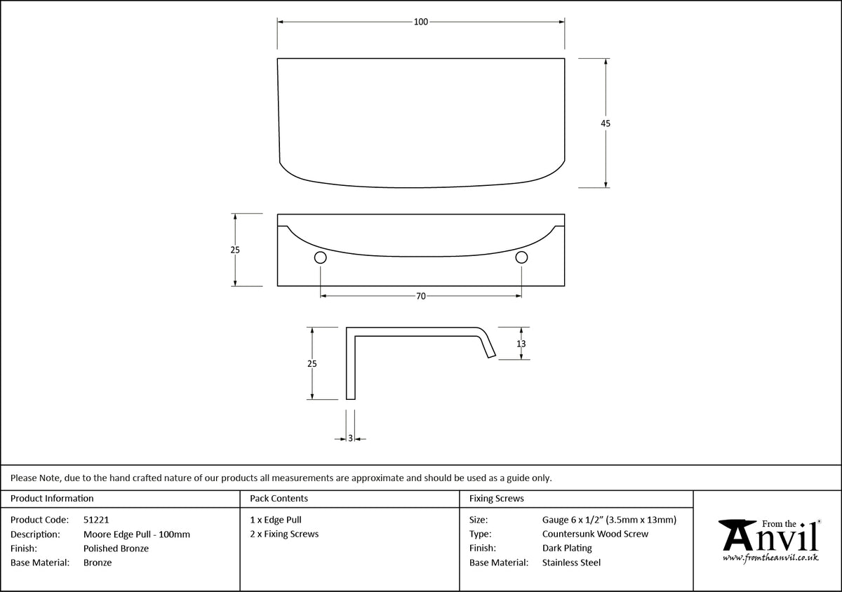 MOORE EDGE PULL 070HC 100x45x25 PBZ - 51221 by MARCHES (ANVIL) ARCHITECTURAL HARDWARE