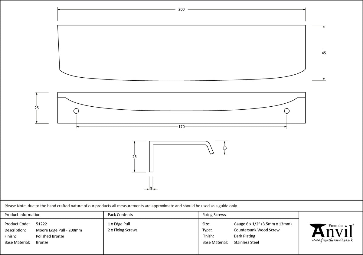 MOORE EDGE PULL 170HC 200x45x25 PBZ - 51222 by MARCHES (ANVIL) ARCHITECTURAL HARDWARE