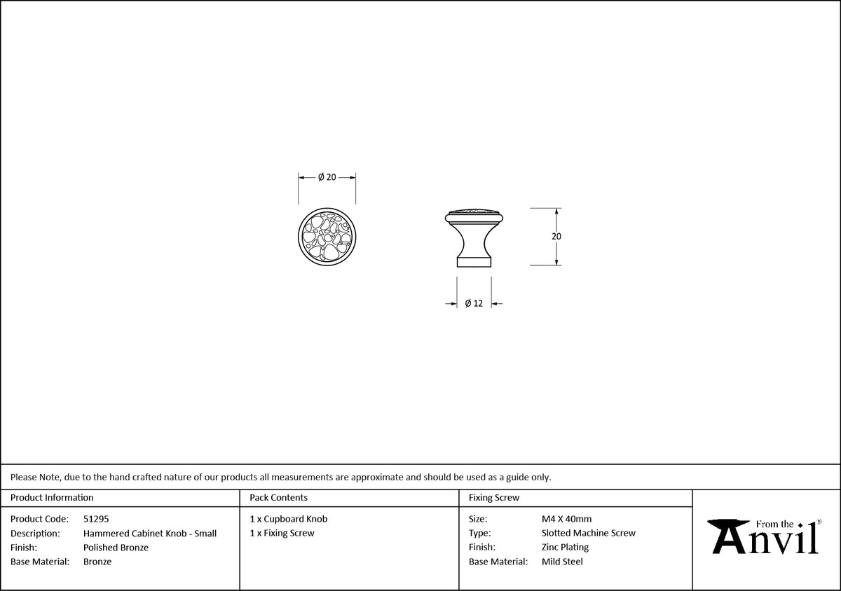 HAMMERED CABINET KNOB 20x20x12 PBZ - 51295 by MARCHES (ANVIL) ARCHITECTURAL HARDWARE