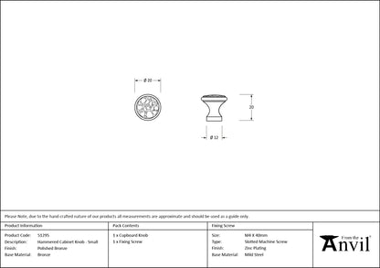 HAMMERED CABINET KNOB 20x20x12 PBZ - 51295 by MARCHES (ANVIL) ARCHITECTURAL HARDWARE