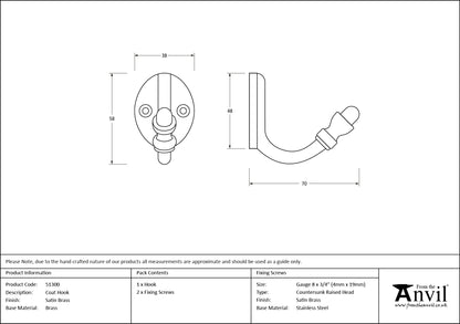 Satin Brass Coat Hook - 51300 by MARCHES (ANVIL) ARCHITECTURAL HARDWARE