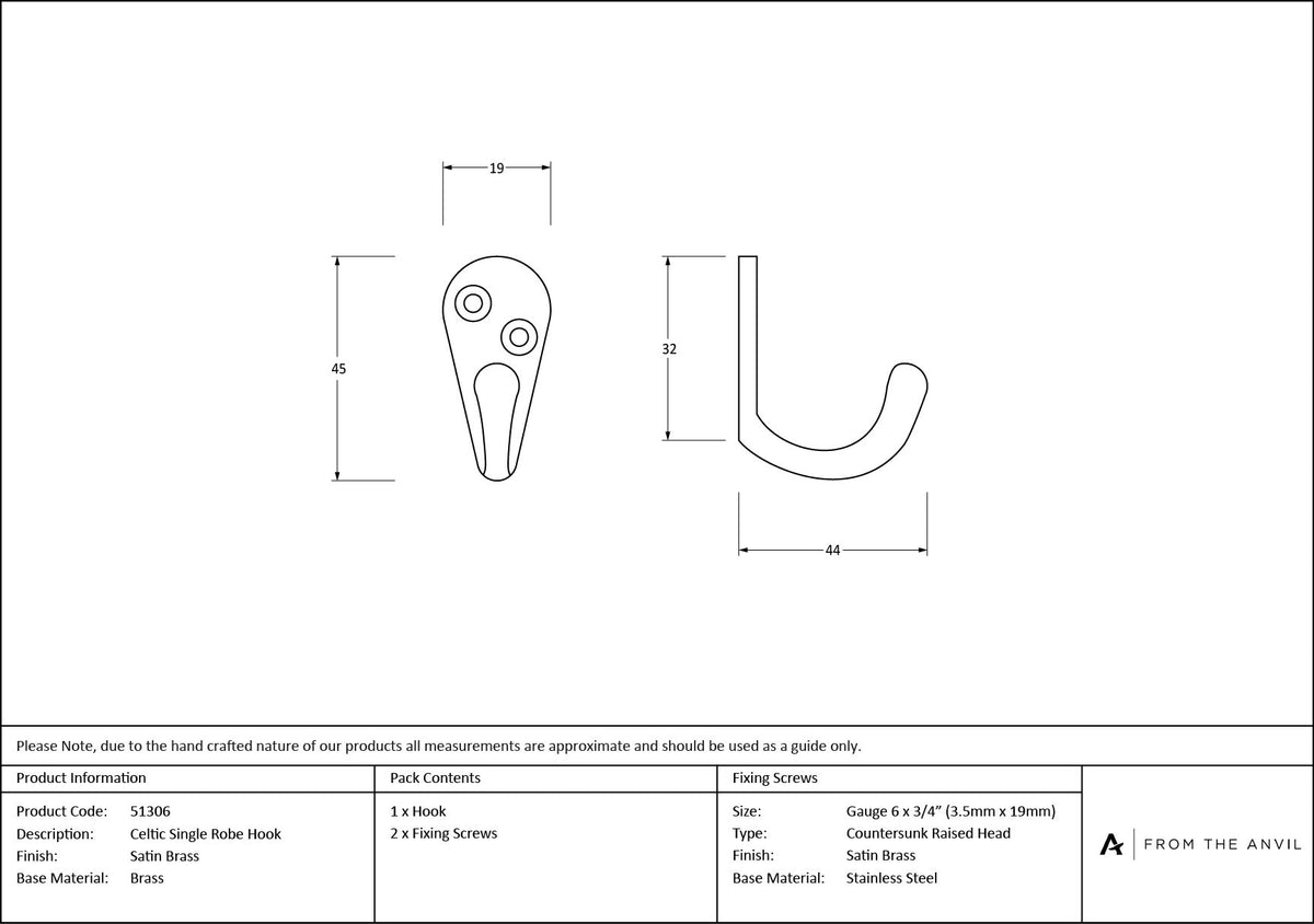 Satin Brass Celtic Single Robe Hook - 51306 by MARCHES (ANVIL) ARCHITECTURAL HARDWARE