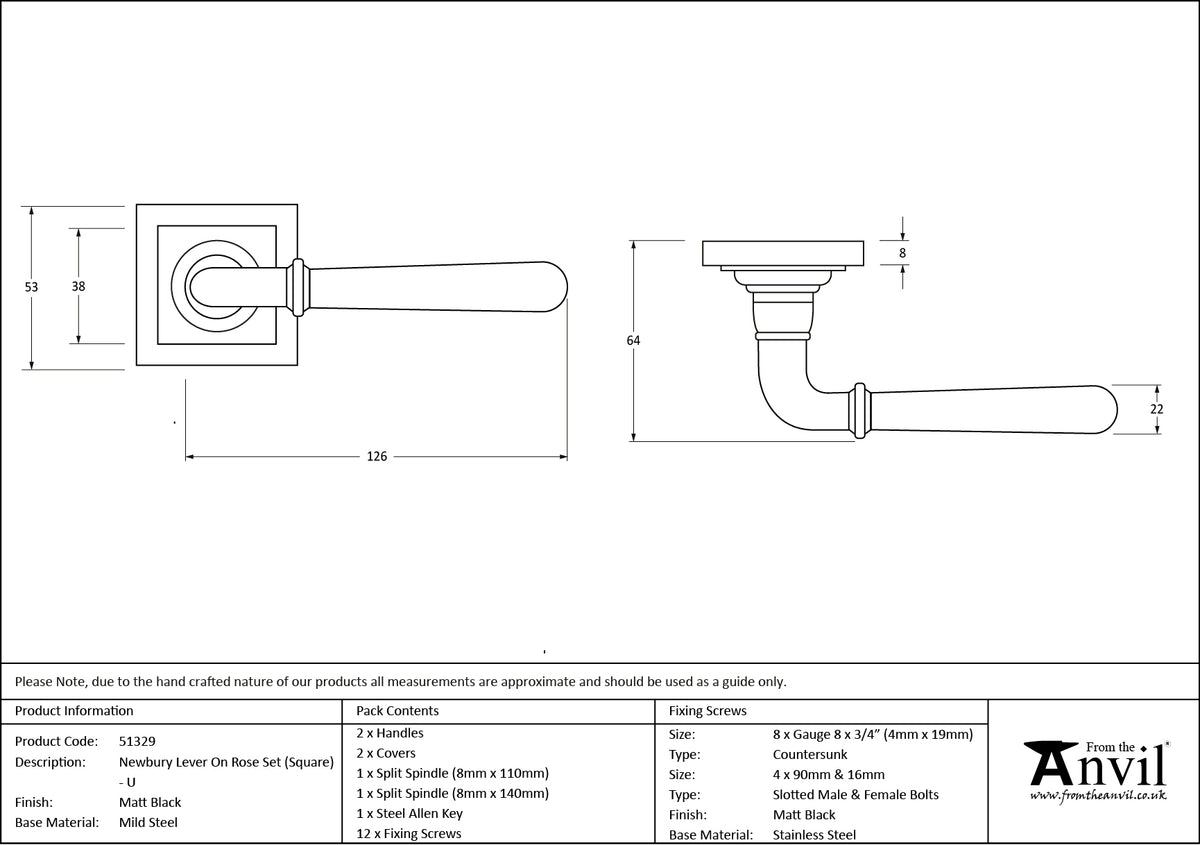 NEWBURY LEVER HANDLE+ROSE UNSPRUNG SQUARE 126x53x64 MBK - 51329 by MARCHES (ANVIL) ARCHITECTURAL HARDWARE