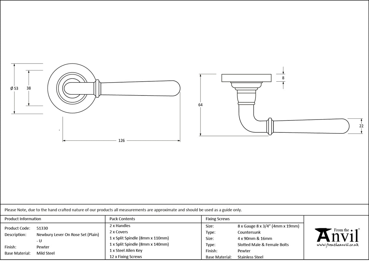 NEWBURY LEVER HANDLE+ROSE UNSPRUNG PLAIN 126x53x64 PEW - 51330 by MARCHES (ANVIL) ARCHITECTURAL HARDWARE