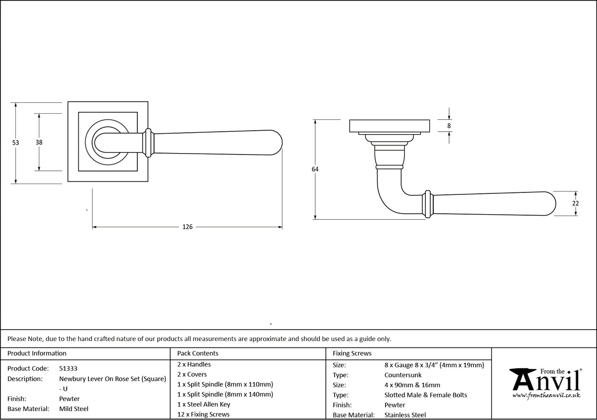 NEWBURY LEVER HANDLE+ROSE UNSPRUNG SQUARE 126x53x64 PEW - 51333 by MARCHES (ANVIL) ARCHITECTURAL HARDWARE
