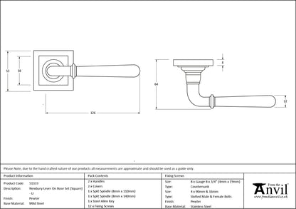 NEWBURY LEVER HANDLE+ROSE UNSPRUNG SQUARE 126x53x64 PEW - 51333 by MARCHES (ANVIL) ARCHITECTURAL HARDWARE