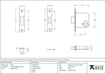 EURO DEAD LOCK BS BS56 76 PBR - 51457 by MARCHES (ANVIL) ARCHITECTURAL HARDWARE