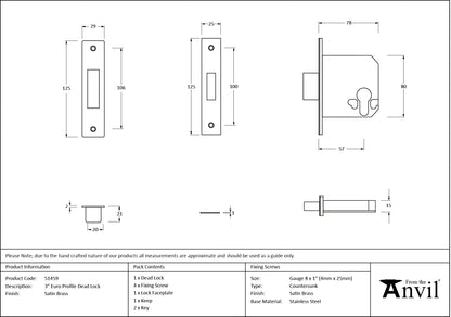 EURO DEAD LOCK BS BS56 76 SBR - 51459 by MARCHES (ANVIL) ARCHITECTURAL HARDWARE