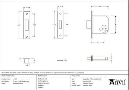 EURO DEAD LOCK BS BS56 76 PBZ - 51464 by MARCHES (ANVIL) ARCHITECTURAL HARDWARE