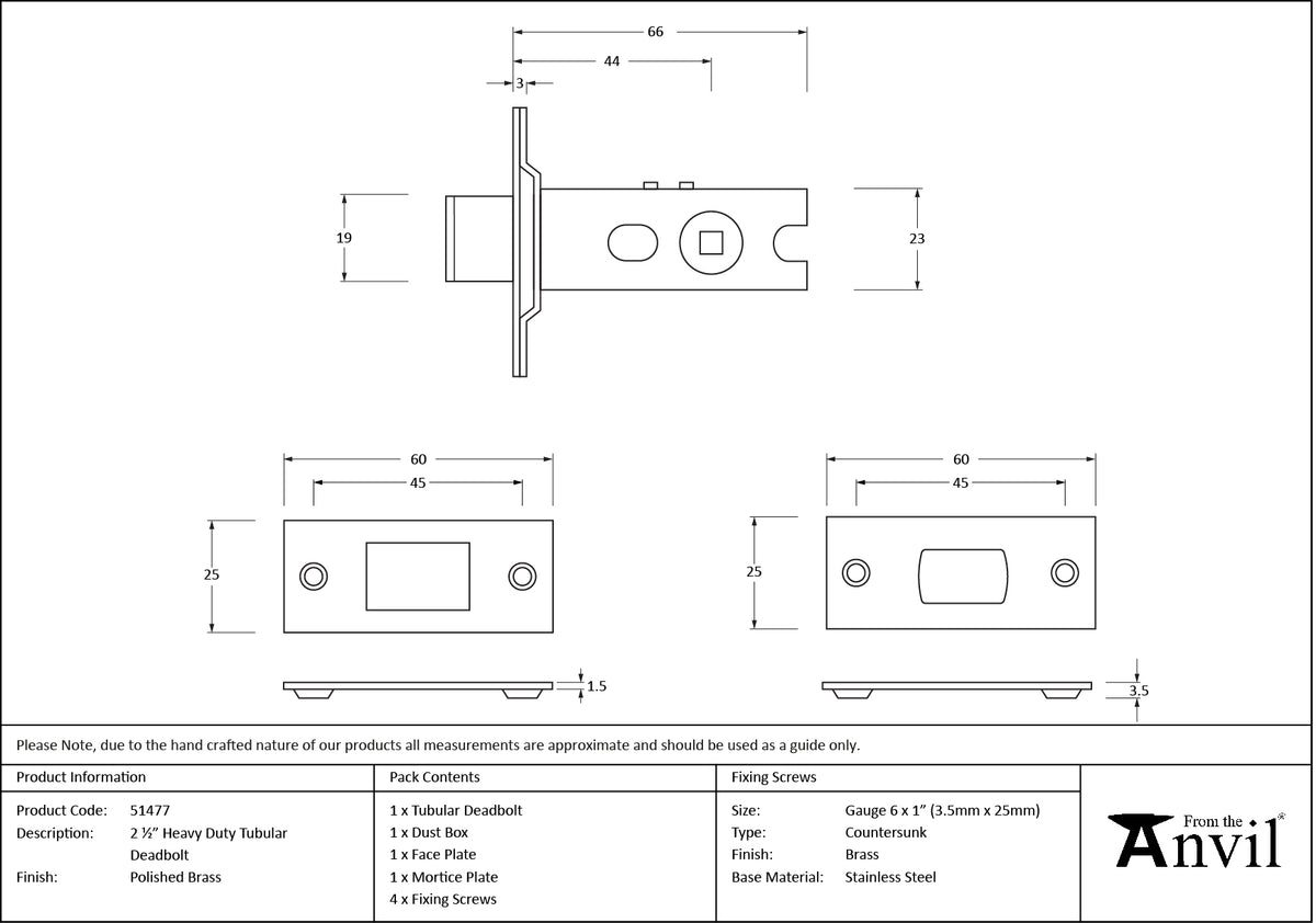 TUBULAR DEADBOLT HD BS044 064 PBR - 51477 by MARCHES (ANVIL) ARCHITECTURAL HARDWARE