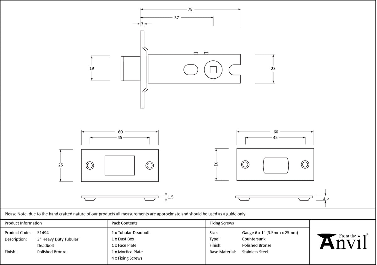 TUBULAR DEADBOLT HD BS056 076 PBZ - 51494 by MARCHES (ANVIL) ARCHITECTURAL HARDWARE