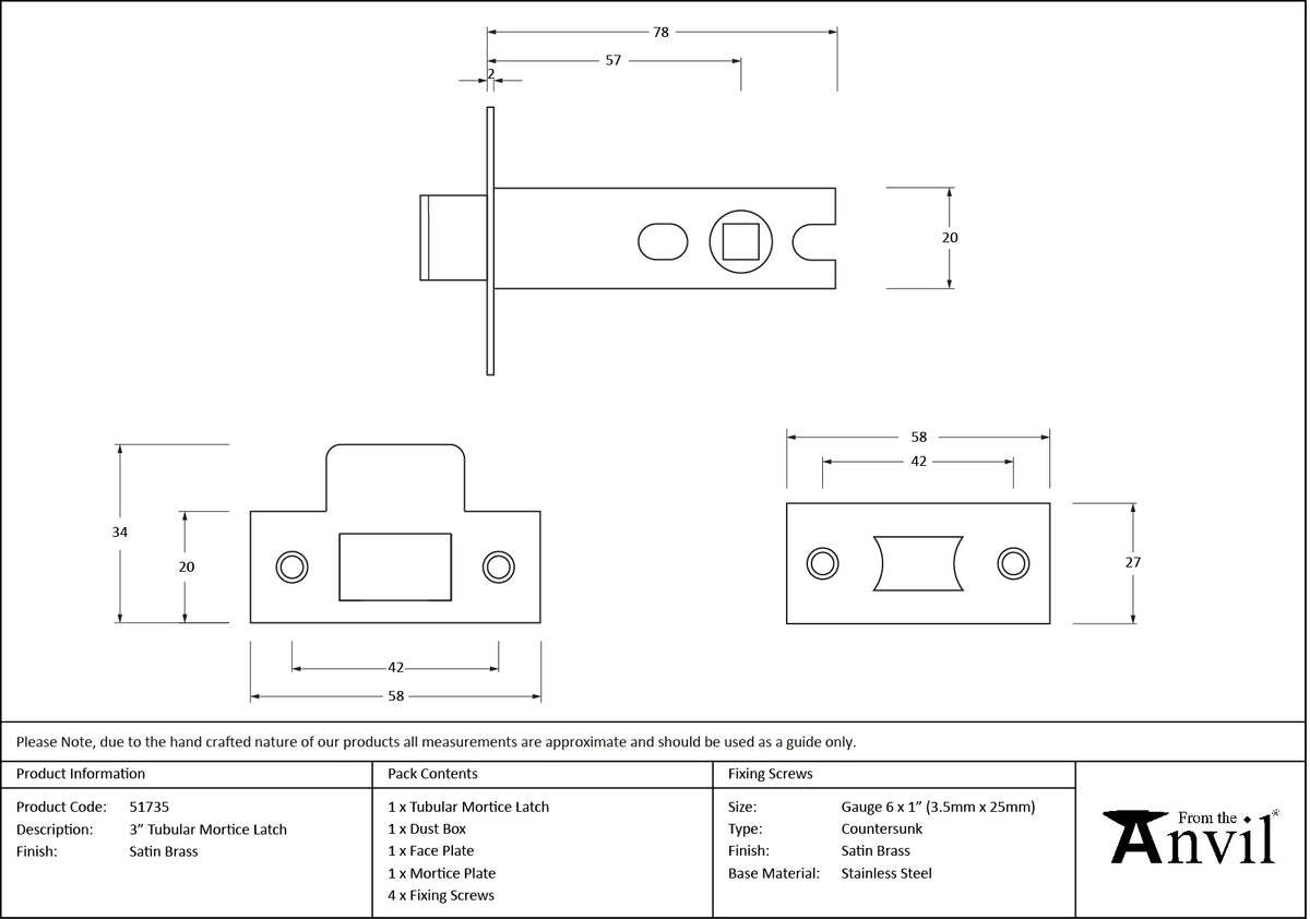 TUBULAR MORTICE LATCH BS56 76 SBR - 51735 by MARCHES (ANVIL) ARCHITECTURAL HARDWARE