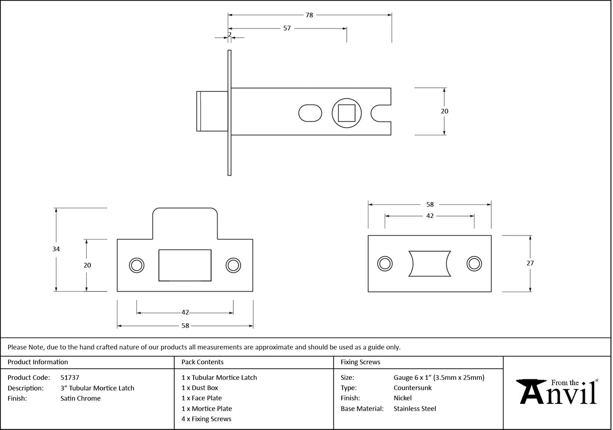 TUBULAR MORTICE LATCH BS56 76 SCP - 51737 by MARCHES (ANVIL) ARCHITECTURAL HARDWARE