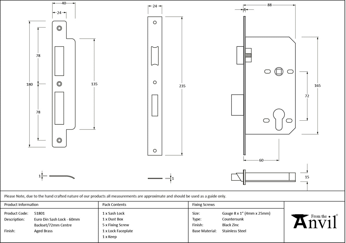 EURO DIN SASH LOCK BS60 72 AGBR - 51801 by MARCHES (ANVIL) ARCHITECTURAL HARDWARE