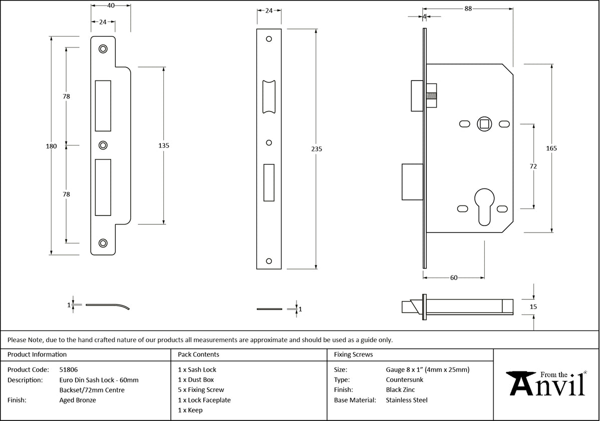 EURO DIN SASH LOCK BS60 72 AGBZ - 51806 by MARCHES (ANVIL) ARCHITECTURAL HARDWARE