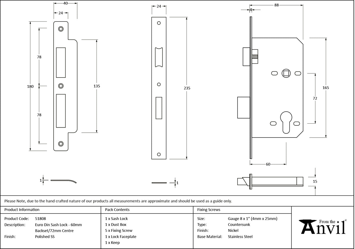 EURO DIN SASH LOCK BS60 72 PSS - 51808 by MARCHES (ANVIL) ARCHITECTURAL HARDWARE