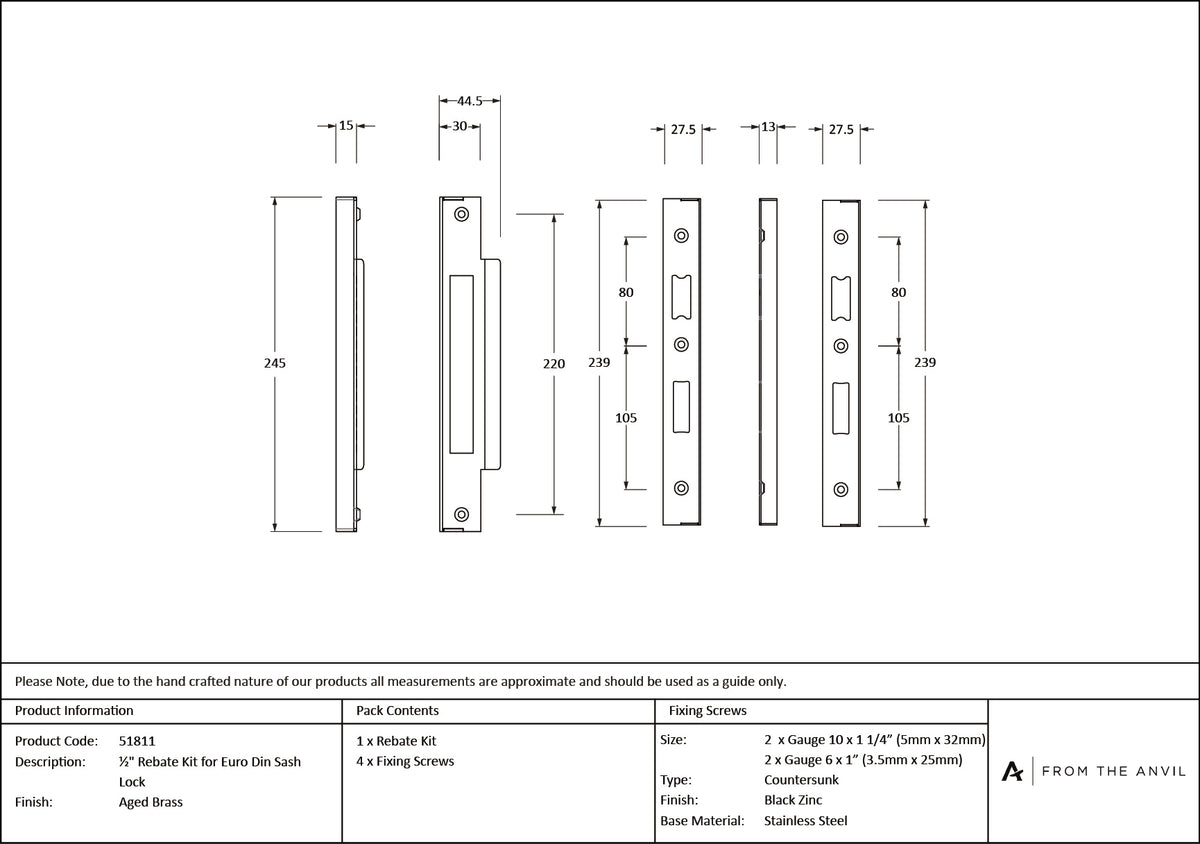 EURO DIN SASH LOCK REBATE KIT 12.7 AGBR - 51811 by MARCHES (ANVIL) ARCHITECTURAL HARDWARE
