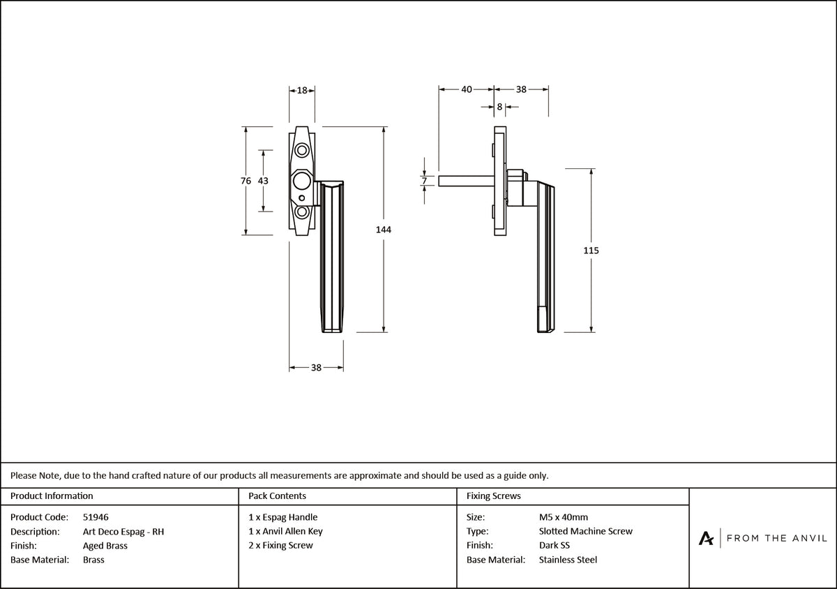 ART DECO ESPAGNOLETTE RH 144x18x38 AGBR - 51946 by MARCHES (ANVIL) ARCHITECTURAL HARDWARE