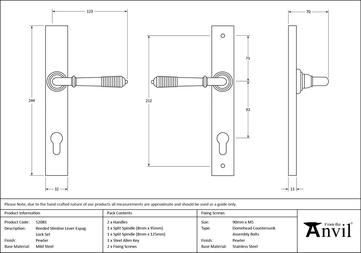 REEDED SLIMLINE ESPAGNOLETTE LOCK 123x244x70 PEW - 52081 by MARCHES (ANVIL) ARCHITECTURAL HARDWARE