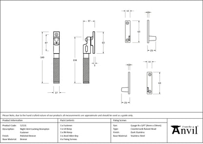 BROMPTON LOCKING NIGHT-VENT FASTENER 149x17x37 PBZ - 52131 by MARCHES (ANVIL) ARCHITECTURAL HARDWARE