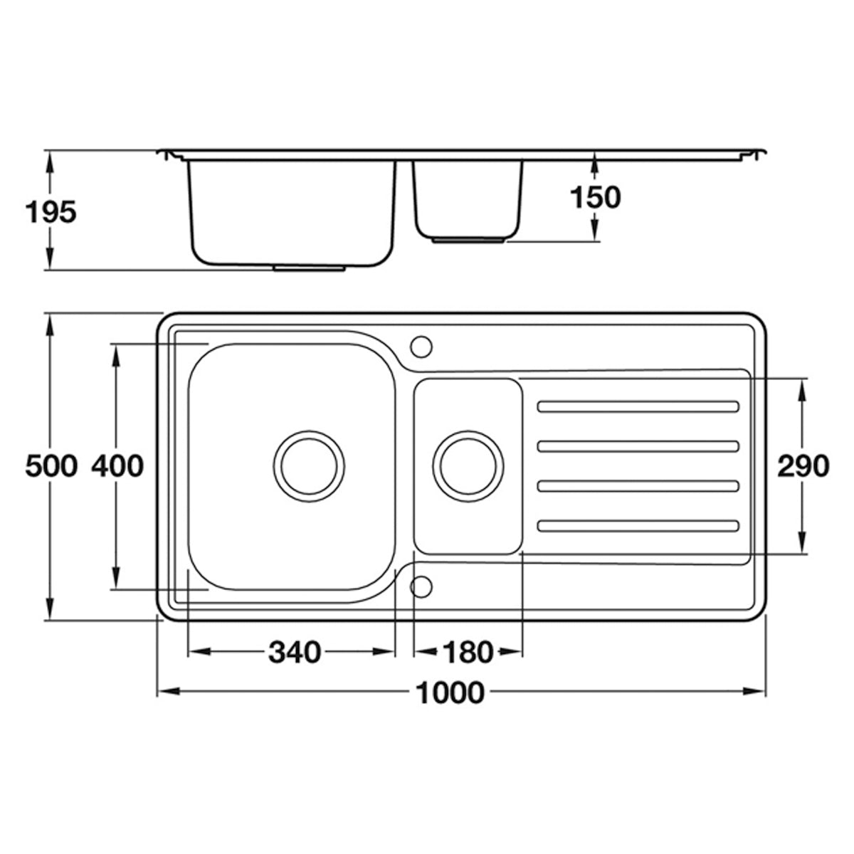 INSET SINK TOP 1½BOWL 1000x500 ST