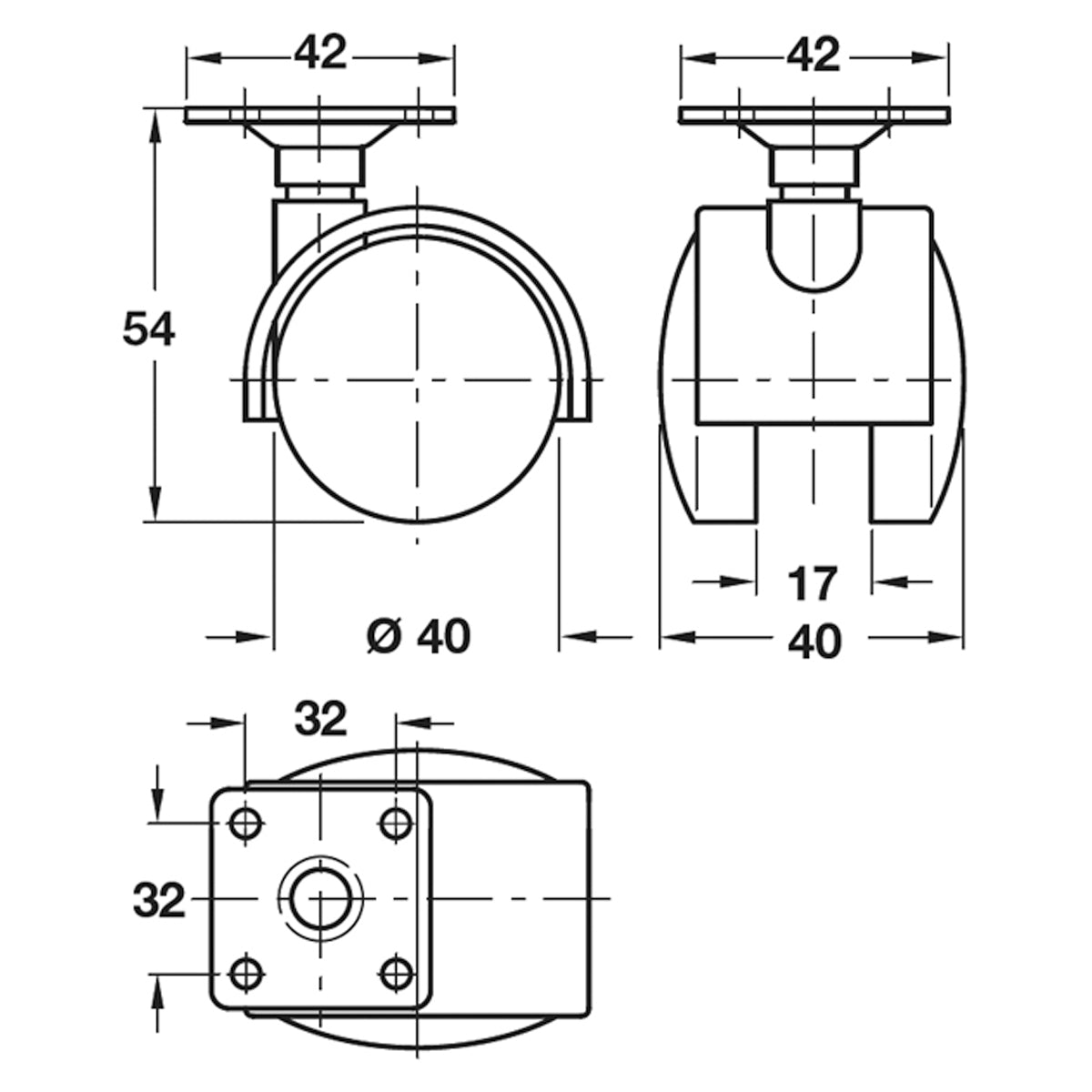 TWIN CASTOR NO BRAKE D40x38 PL/MBLK