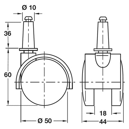 TWIN CASTOR NO BRAKE D50x45 PL/MBLK