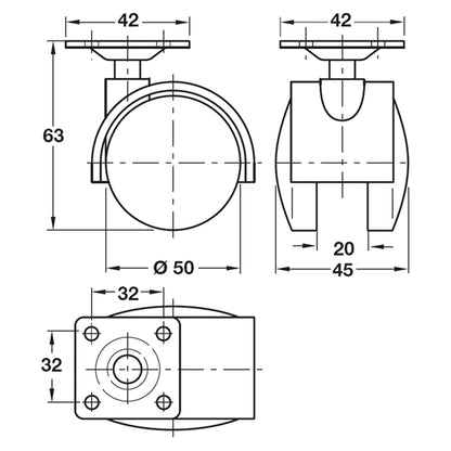 TWIN CASTOR BRAKE D50x45 PL/MBLK