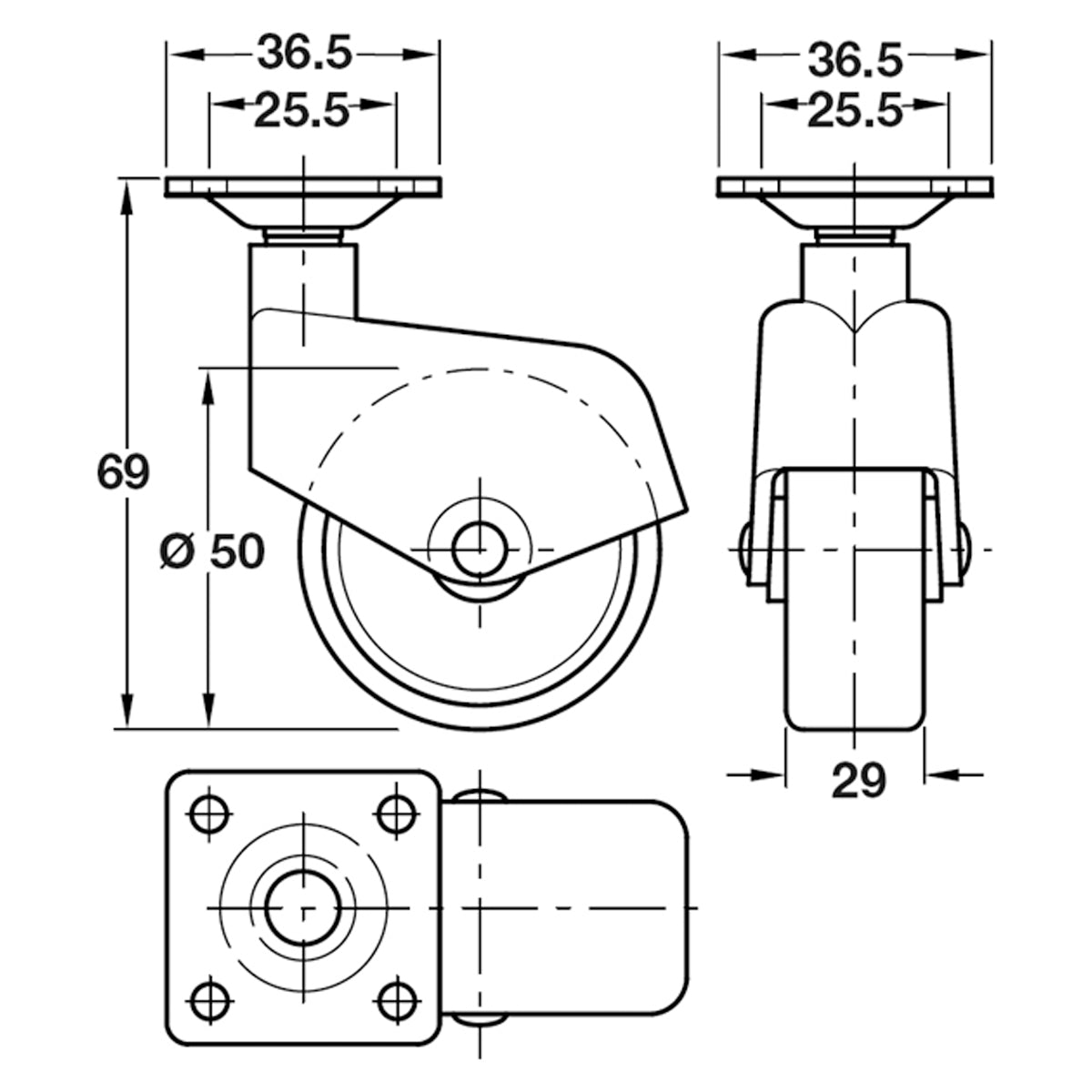 WHEEL CASTOR PLATE NO BRAKE D50x69