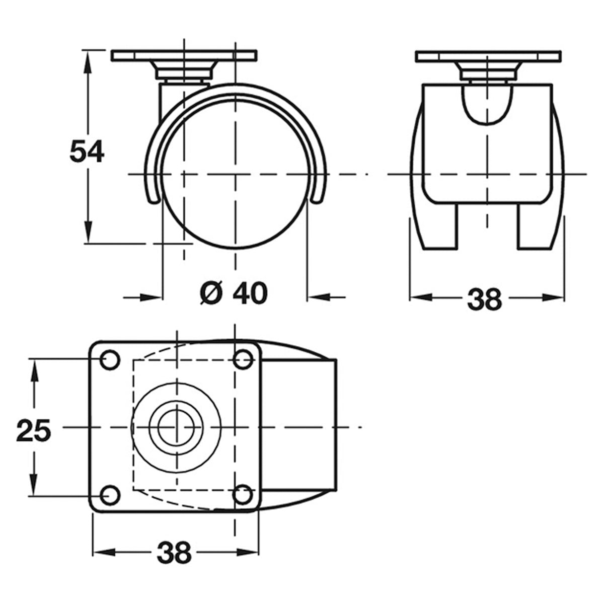 TWIN CASTOR NO BRAKE D40x38 PL/MBLK