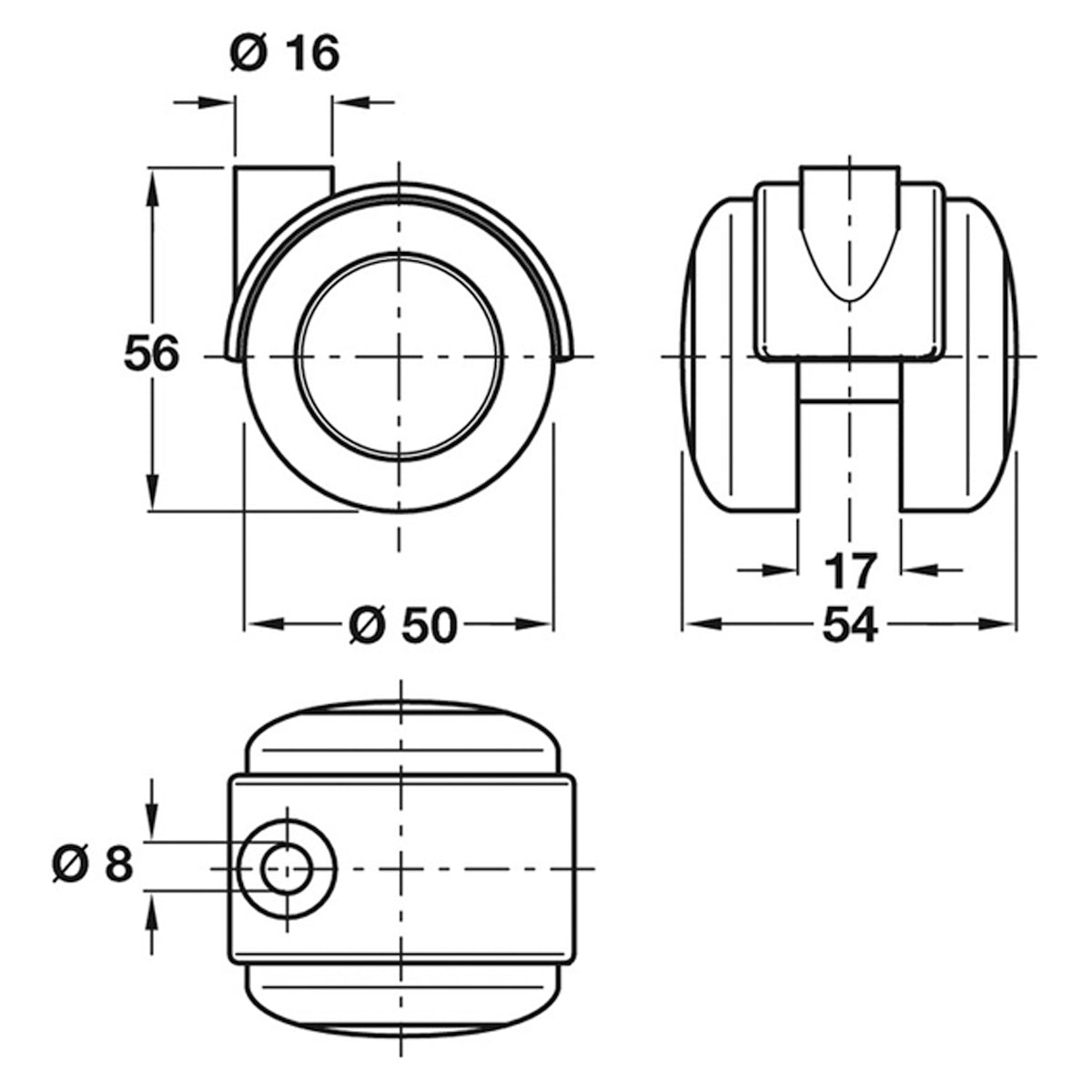 TWIN CASTOR NO BRAKE D50x54 PL/GREY