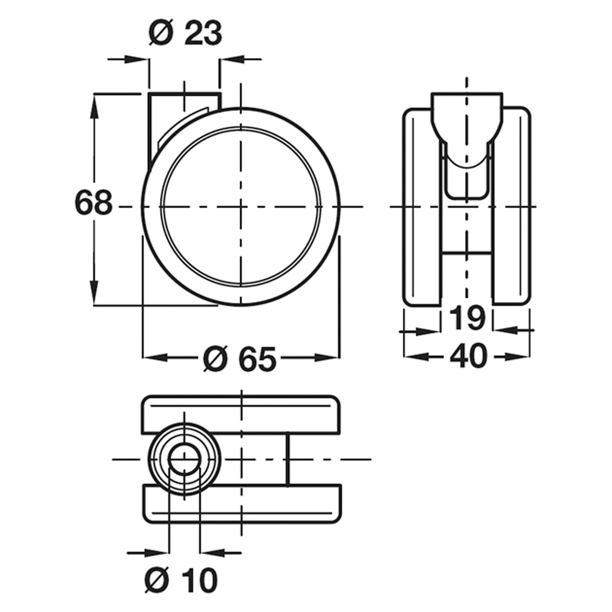 TWIN CASTOR NO BRAKE D65x40 PL/GREY