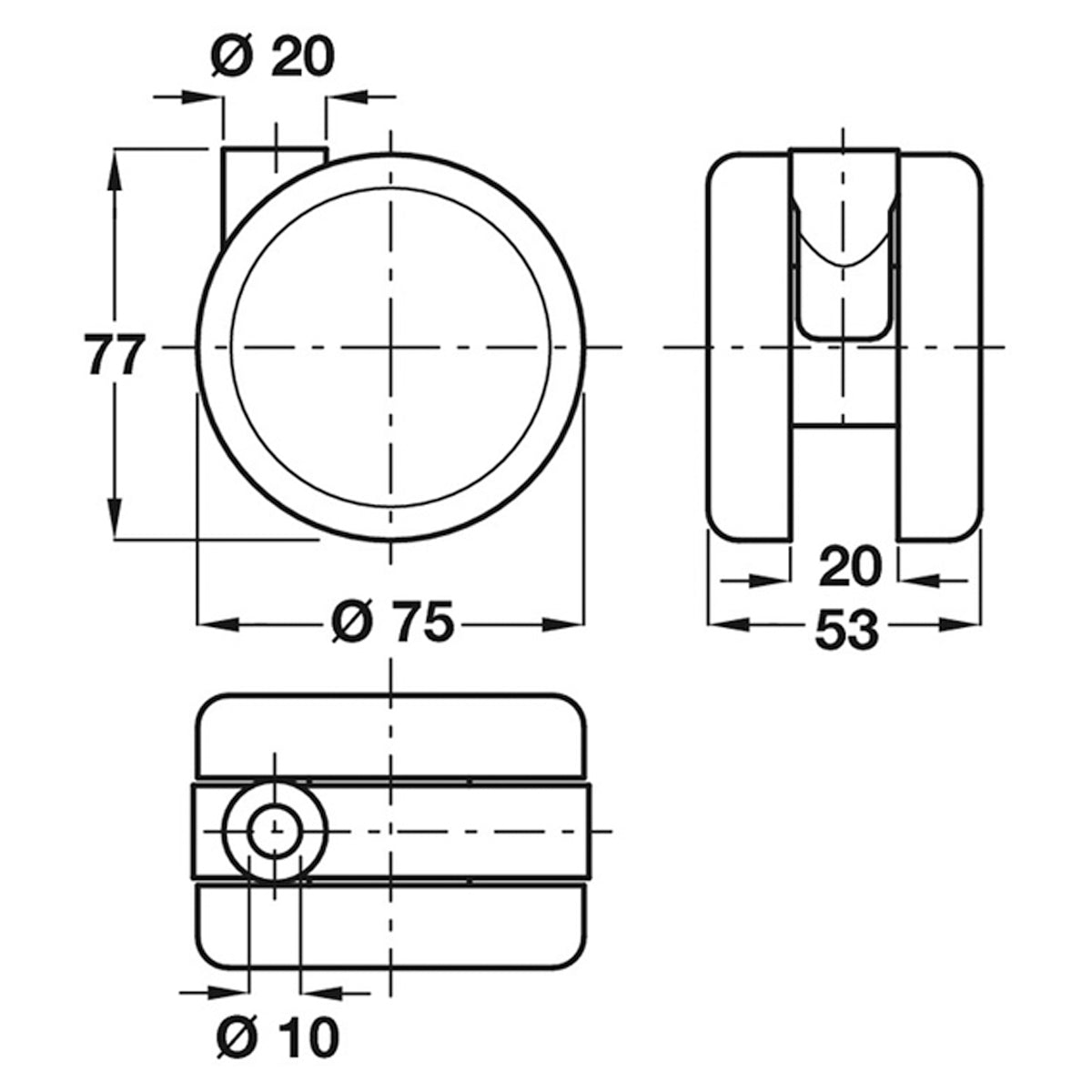 TWIN CASTOR NO BRAKE D75x53 PL/GREY