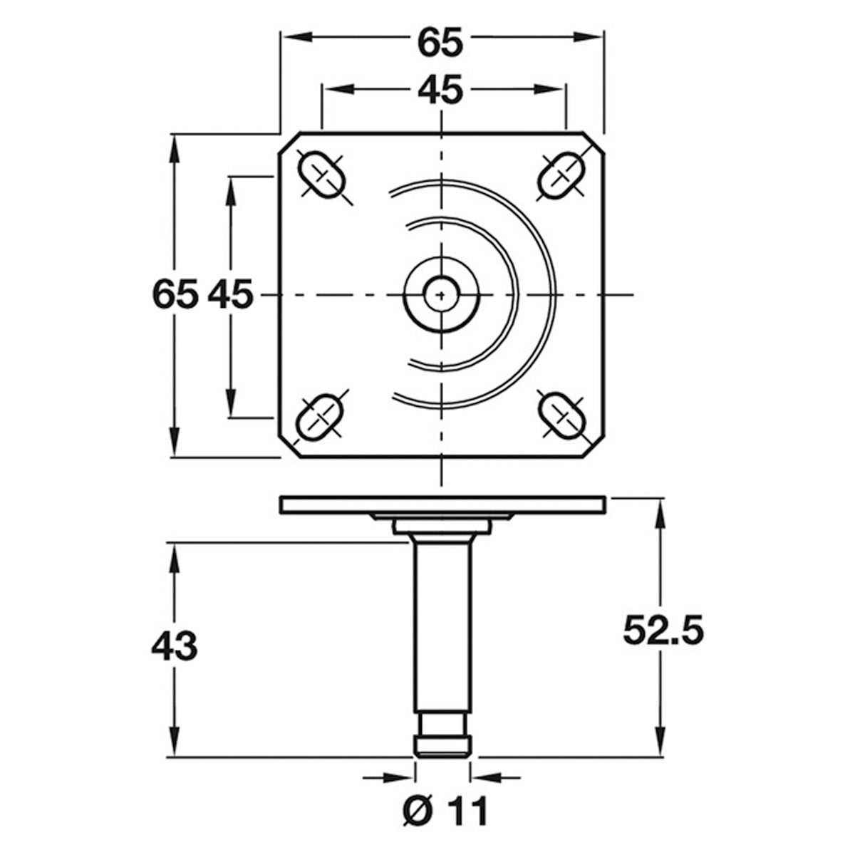 PIN+MOUNT PLATE 65x65x43 ST/GLV