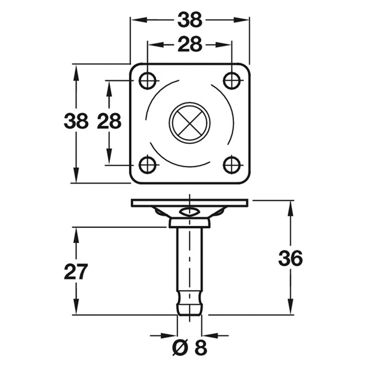PIN+MOUNT PLATE 38x38x27 ST/GLV