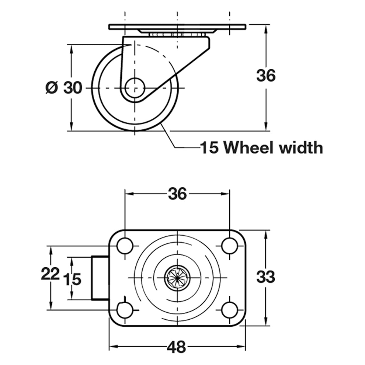 SWIVEL CASTOR 15KG D30x48x33 ST/GAL