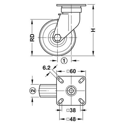 SWIVEL CASTOR NO BRAKE 40KG D50 ST